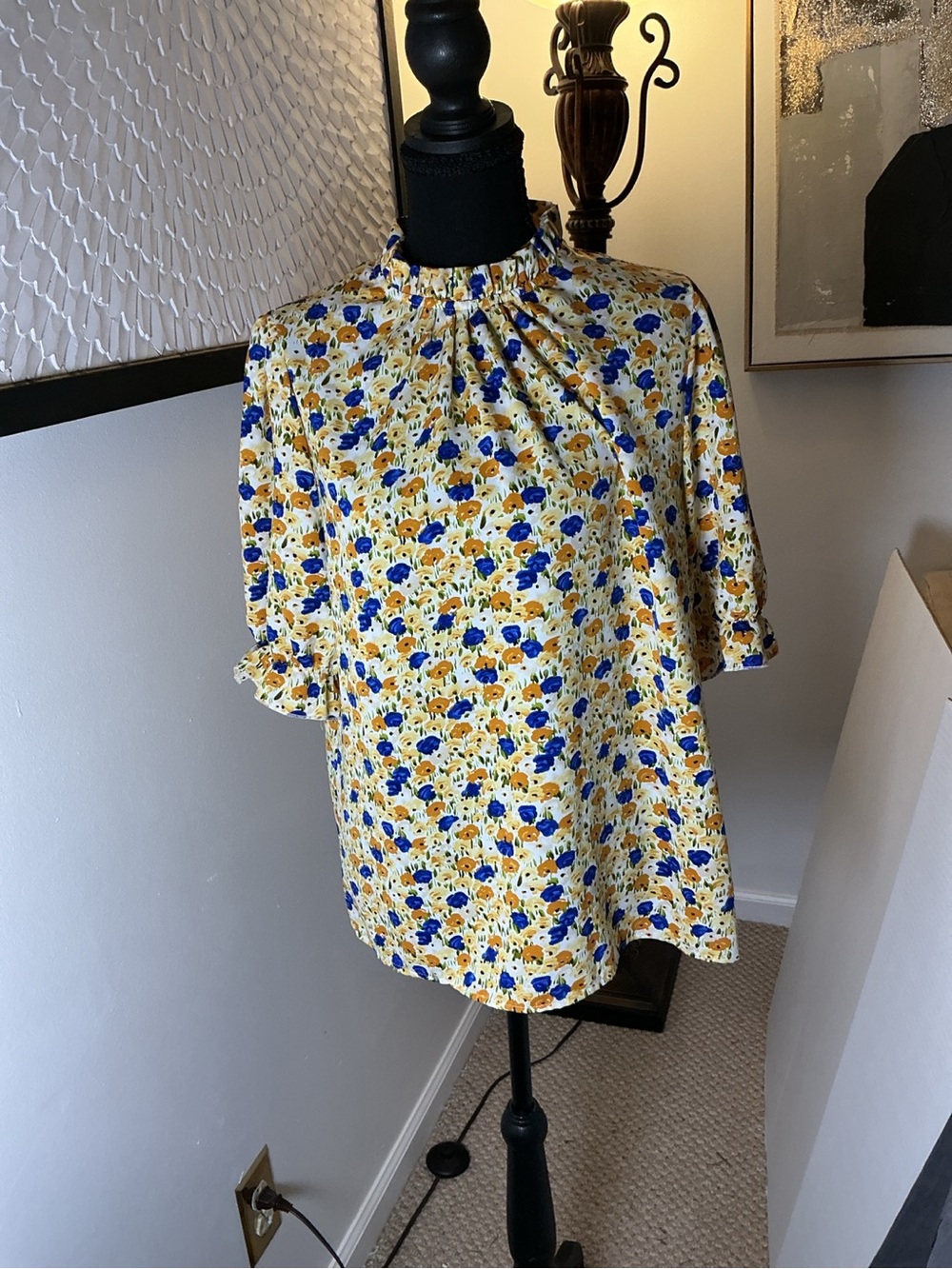 ELIINGS Floral Blouse Large Blue Mustard Green Ruffle Sleeve Top